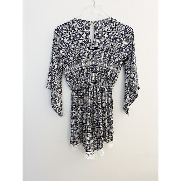 Navy Blue and Tan Tribal Print Lace Romper Size Small - Picture 4 of 7